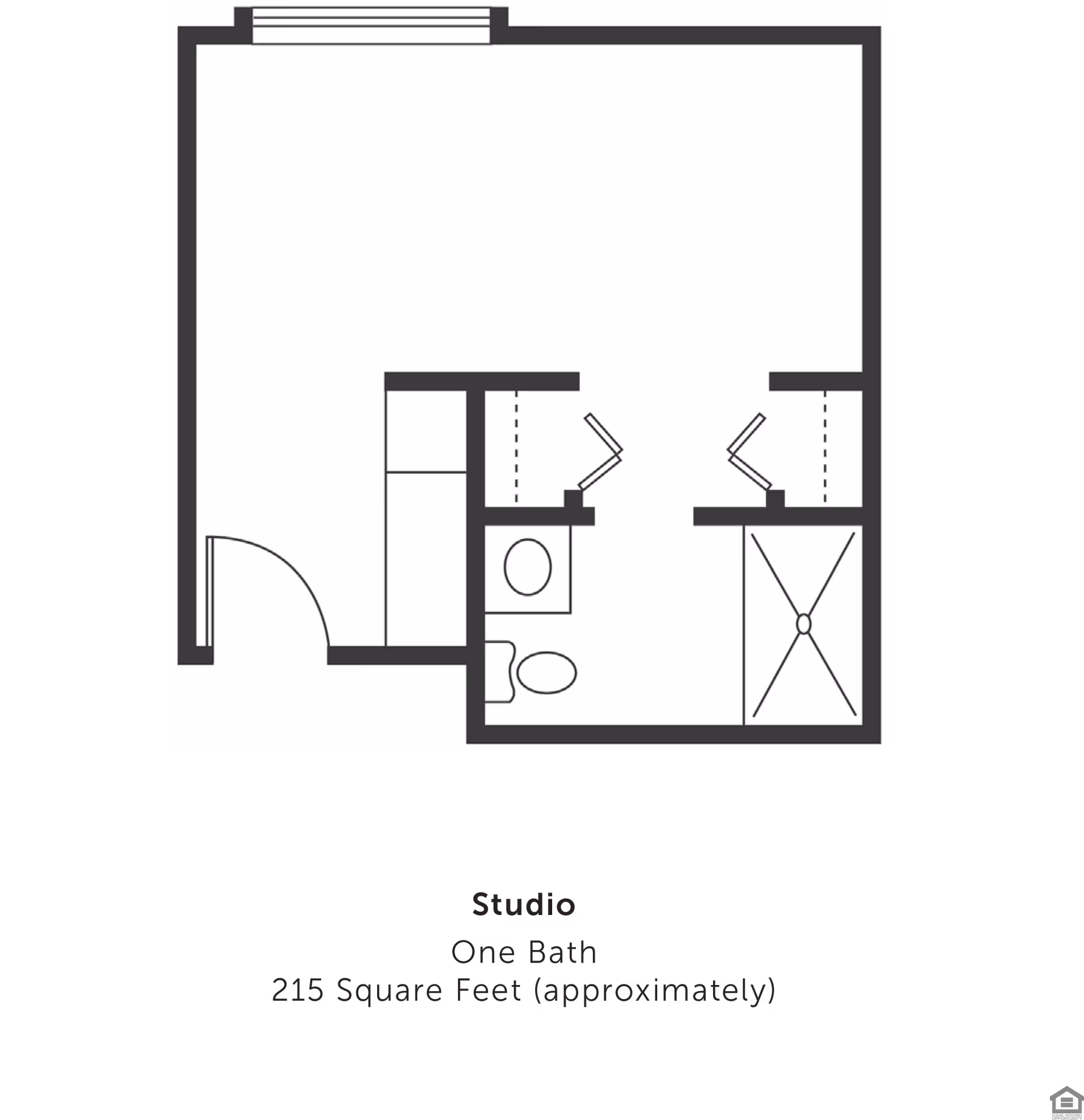 Floor plan of a studio apartment with one bathroom, approximately 215 square feet. The layout shows an entry door, a bathroom with a toilet and sink, a closet, and a shower area.