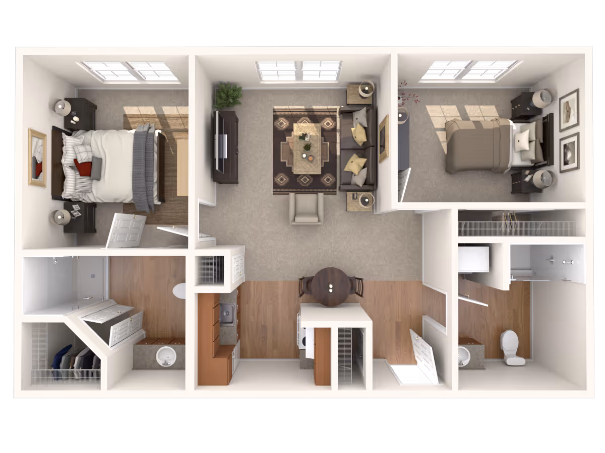 Top-down view of a two-bedroom apartment floor plan featuring a living room with a sofa, armchair, coffee table, and TV stand, a kitchen with appliances and a small dining table, two bedrooms each with a bed and nightstands, two bathrooms, and closets.