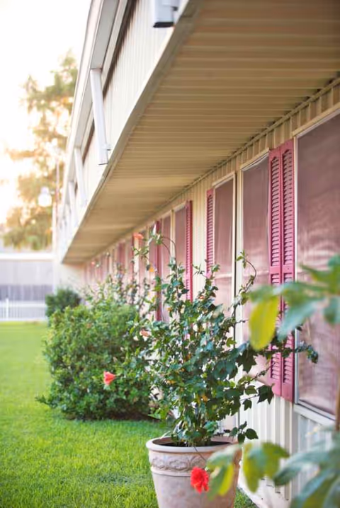 Outdoor view of Waldon Health Care Center with red shutters and potted flowering plants.