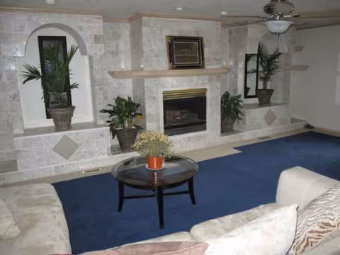 Living room with stone fireplace, arched niches, potted plants, blue carpet, glass coffee table.