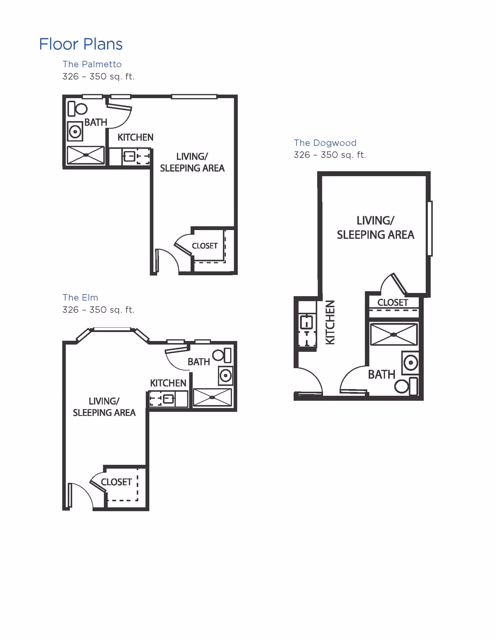 Floor plans for three studio apartment layouts named The Palmetto, The Dogwood, and The Elm, each ranging from 326 to 350 square feet. Each layout includes a living/sleeping area, kitchen, bath, and closet.