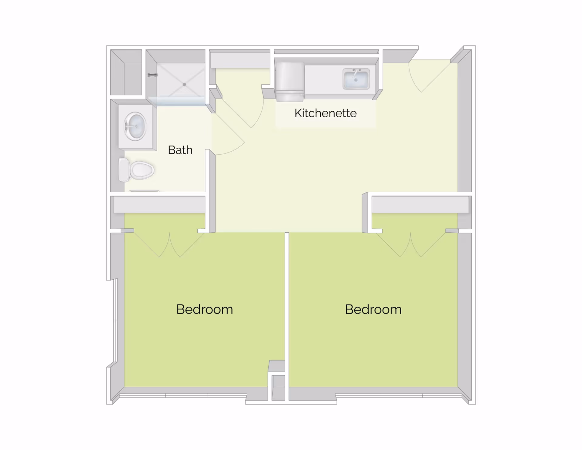 Floor plan of a living space showing two bedrooms, a bath with a shower, toilet, and sink, and a kitchenette area with a sink and counter space.