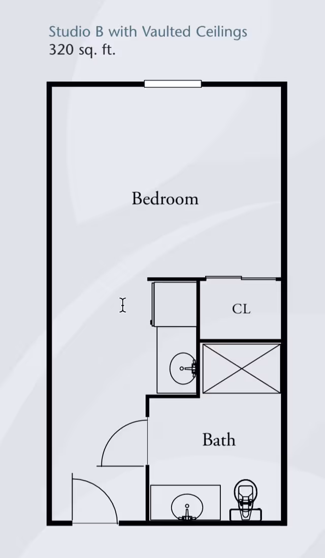 Floor plan of a studio apartment labeled Studio B with vaulted ceilings, covering 320 square feet. The layout includes a bedroom area, a bathroom with a sink, toilet, and shower, and a closet labeled CL.