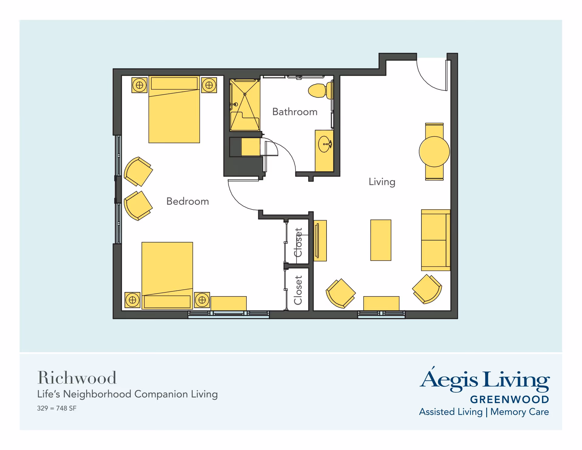 Floor plan of a living space named Richwood at Aegis Living Greenwood, showing a bedroom with two beds and two chairs, a bathroom with a shower, toilet, and sink, and a living area with a sofa, two chairs, a coffee table, and a dining table with two chairs. There are two closets between the bedroom and living area.