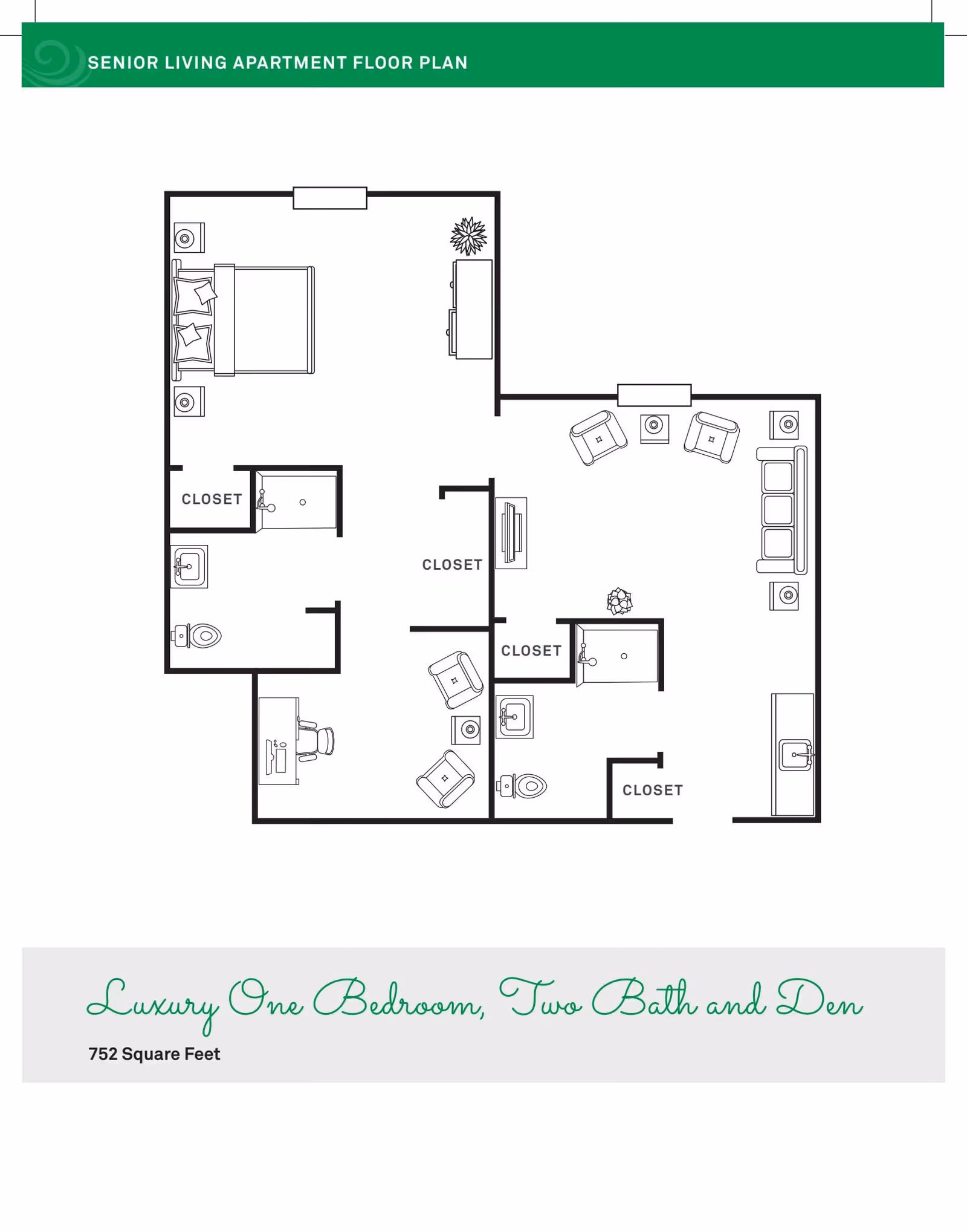 Floor plan of a senior living apartment named Forest Hills Commons showing a luxury one bedroom, two bath, and den layout with 752 square feet. The plan includes a bedroom with a bed and nightstands, two bathrooms, a den with chairs and a desk, a living room with seating and a TV, closets, and a kitchen area with a sink.
