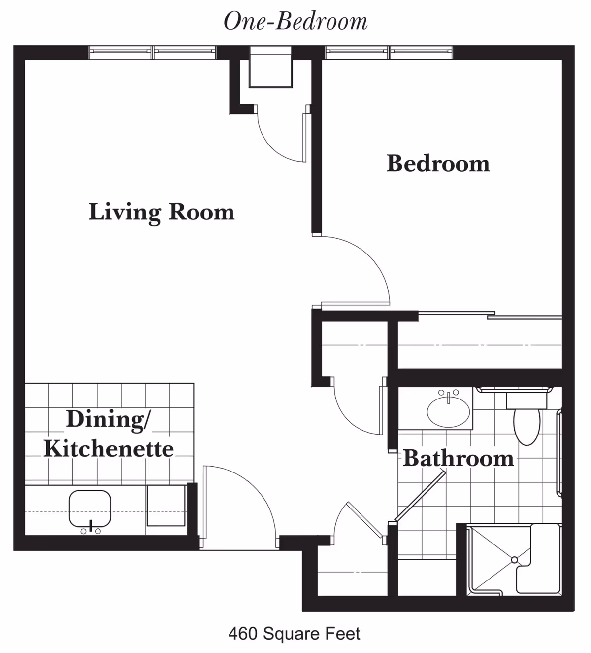Floor plan of a one-bedroom apartment showing a living room, bedroom, dining/kitchenette area, and bathroom, totaling 460 square feet.