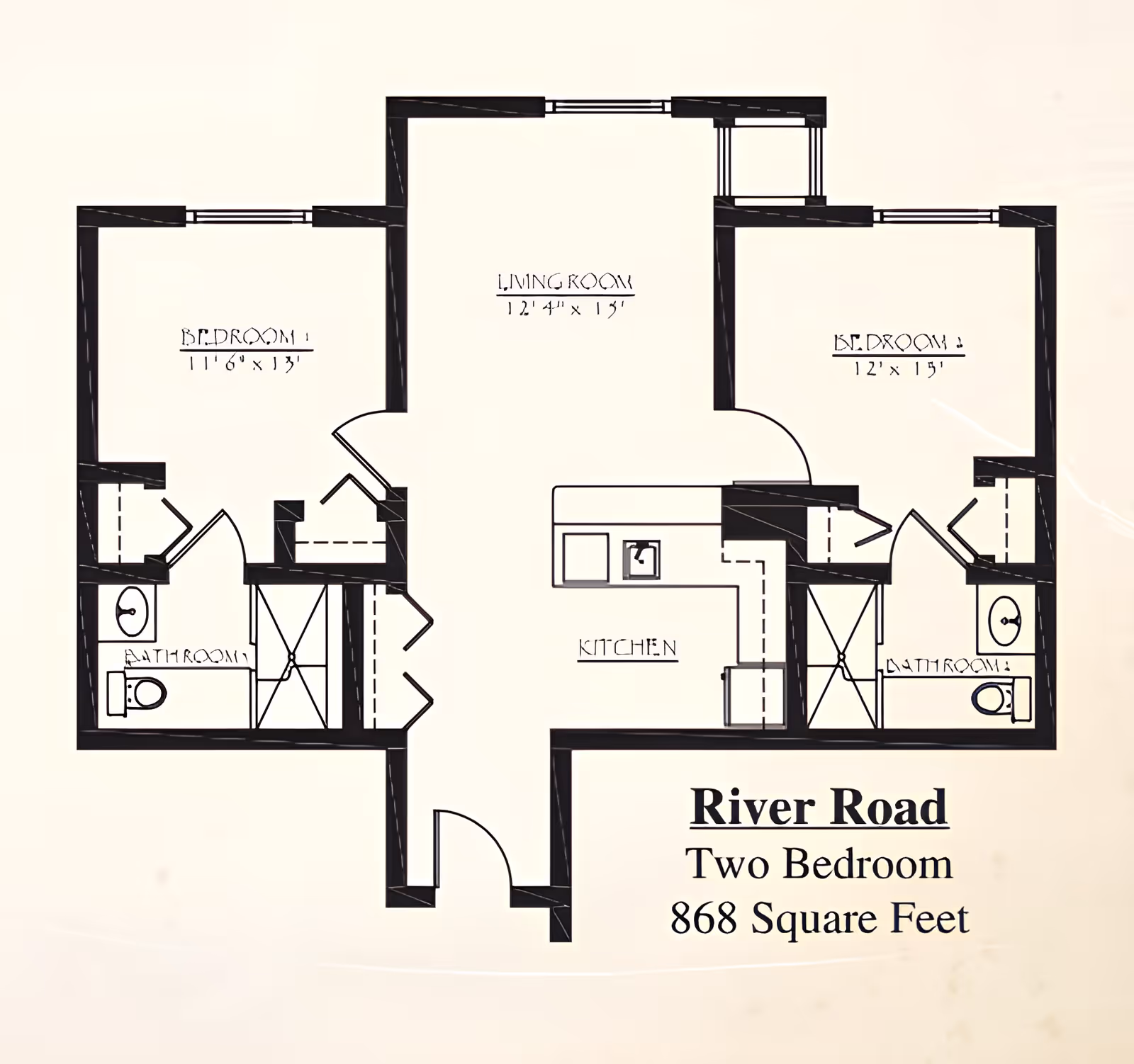 Floor plan of a two-bedroom apartment named River Road with 868 square feet. The layout includes two bedrooms, two bathrooms, a living room, and a kitchen. Bedroom 1 measures 11'6" x 13', Bedroom 2 measures 12' x 13', and the living room measures 12'4" x 13'.