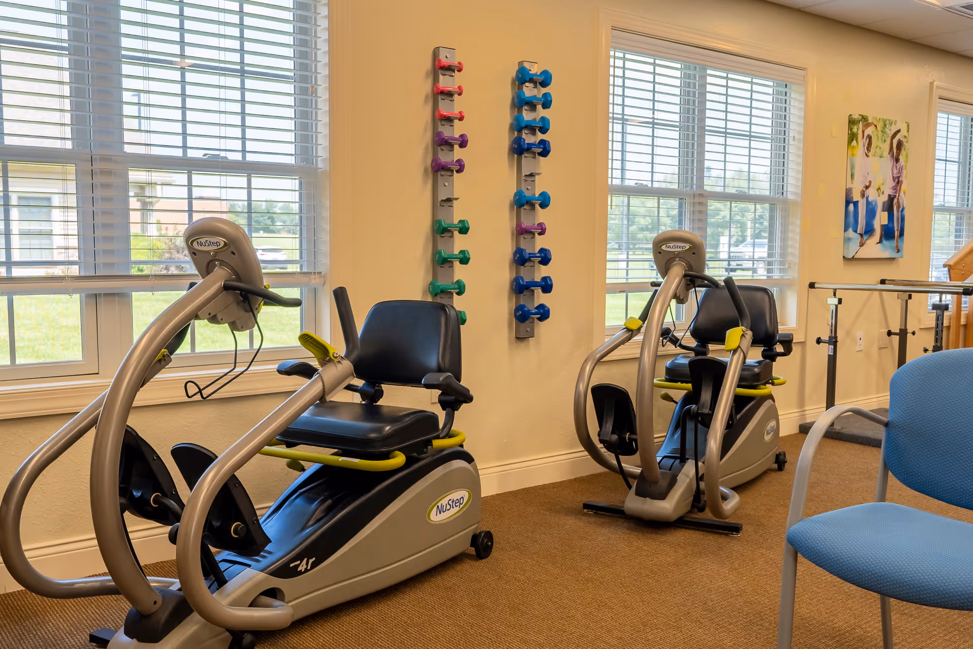 A bright exercise room with two NuStep recumbent cross trainers positioned near windows with white blinds. A wall-mounted rack holds colorful dumbbells in purple, blue, and green. A blue chair is partially visible in the foreground, and a painting of two people exercising hangs on the wall.