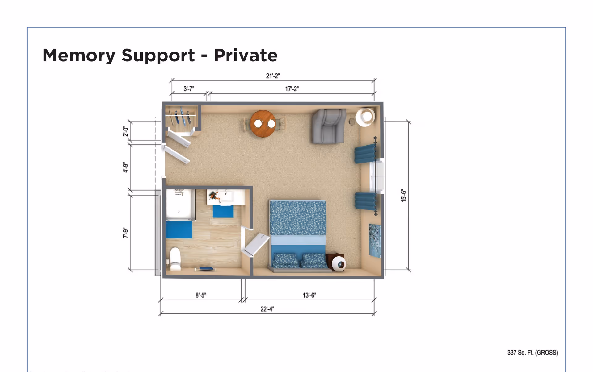 Floor plan layout of a private memory support unit showing a bedroom area with a bed, armchair, small round table with two chairs, and a bathroom with a toilet, sink, and shower. Dimensions of the room and bathroom are marked.