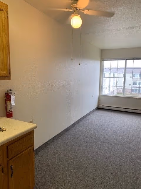 Empty interior room with beige walls and carpeted floor, a ceiling fan with a light fixture, a large window letting in natural light, a fire extinguisher mounted on the wall, and a wooden cabinet with a countertop visible on the left side.