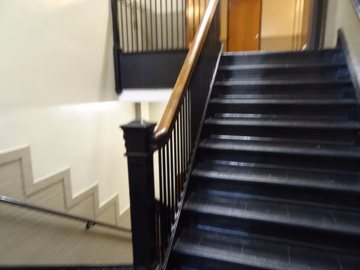 Interior view of a stairwell with black stairs and a wooden handrail. The walls are light-colored, and there is a door visible at the top of the stairs.