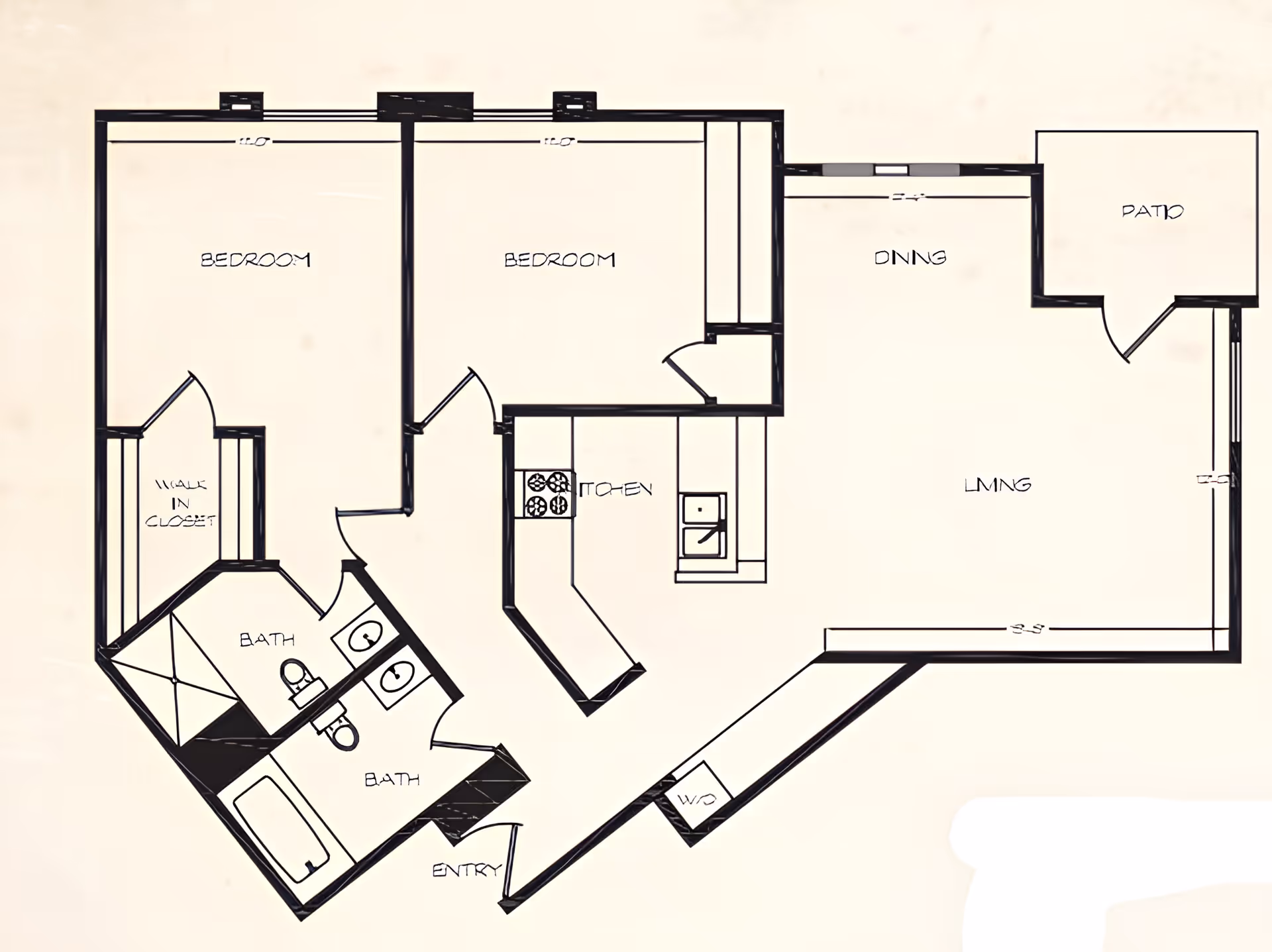 Floor plan of a residential unit at The Continental Retirement Community showing two bedrooms, two bathrooms, a kitchen, dining area, living room, walk-in closet, entry, patio, and washer/dryer area.