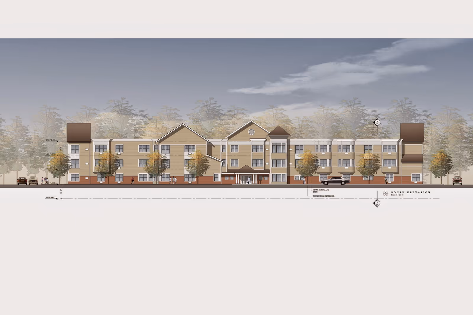 Architectural elevation rendering of a three-story senior living building with a central entrance, rows of windows, trees, and parked cars in front.