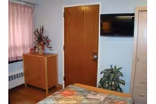 A small bedroom with a wooden door, a chest of drawers with a vase of flowers on top, a flat-screen TV mounted on the wall, a plant on the floor, and part of a bed with a colorful bedspread visible in the foreground.
