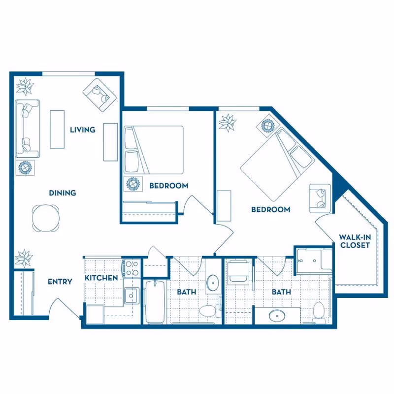 Blueprint-style floor plan of a two-bedroom apartment showing a living/dining area, kitchen, two bathrooms, and a walk-in closet.