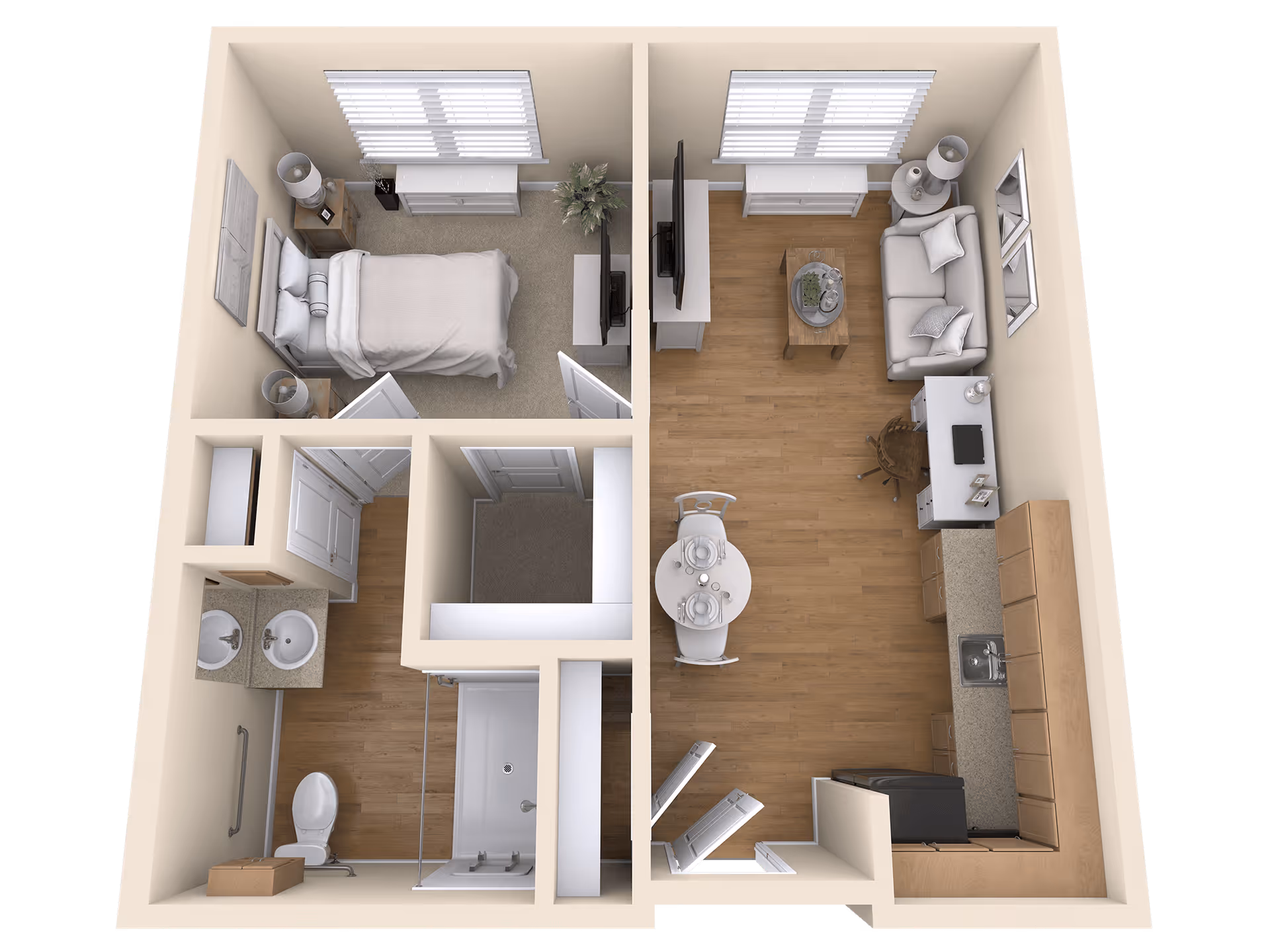 3D floor plan of a senior living apartment featuring a bedroom with a bed, nightstands, and a TV, a bathroom with a toilet, sink, and shower, and an open living area with a sofa, coffee table, dining table with chairs, desk, and kitchen with cabinets and appliances.