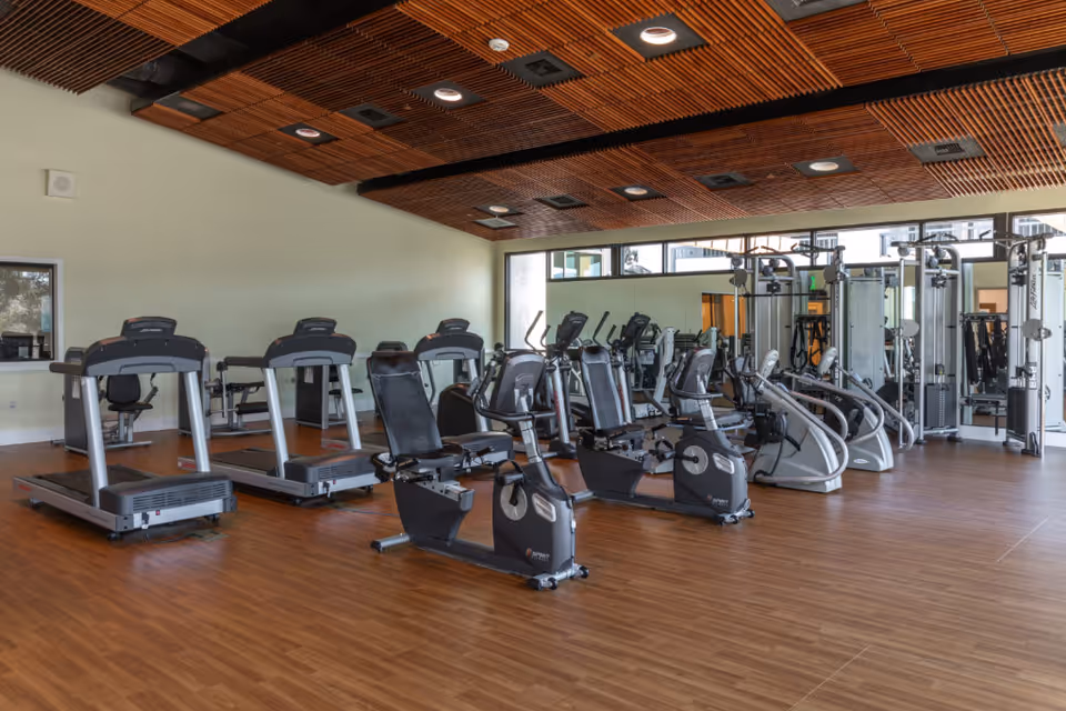 A spacious fitness room with wooden flooring and a wooden slatted ceiling. The room contains multiple exercise machines including treadmills, recumbent bikes, elliptical trainers, and weight machines. Large windows and mirrors line one wall, allowing natural light to fill the space.