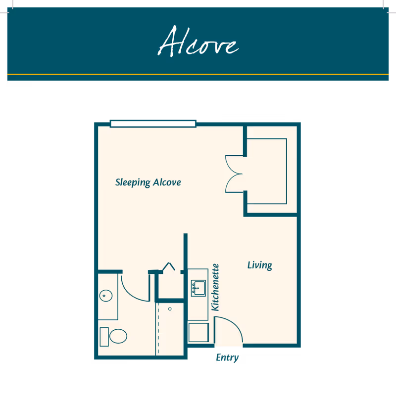 Floor plan of an alcove apartment layout showing a sleeping alcove, living area, kitchenette, bathroom, and entry.