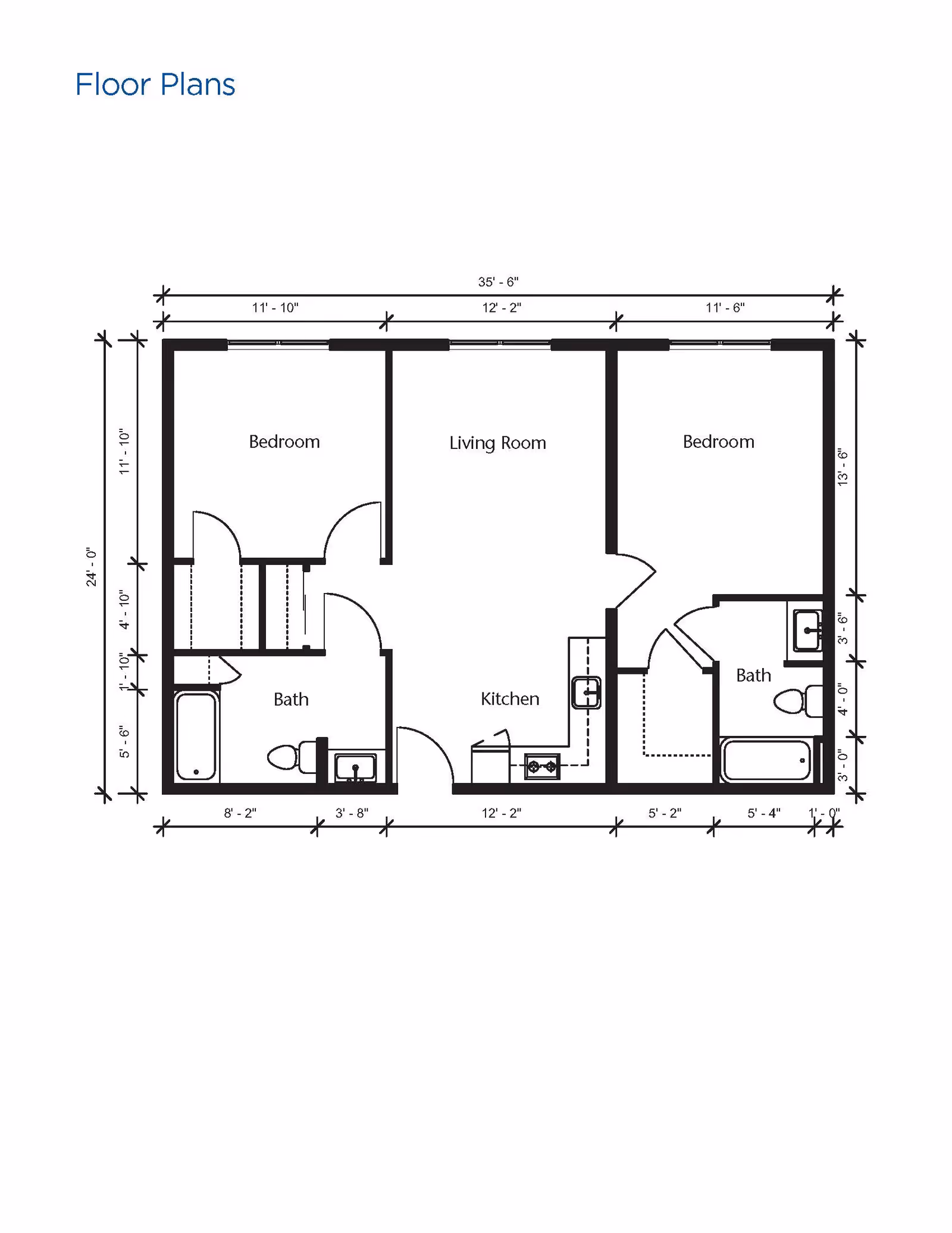 Architectural floor plan showing a layout with two bedrooms, two bathrooms, a living room, and a kitchen with dimensions marked.