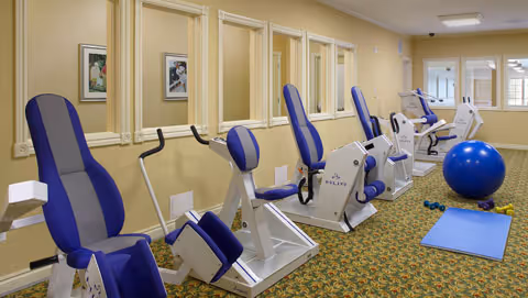 A fitness room with several blue and white exercise machines lined up against a beige wall with mirrors. There is a blue exercise ball and a blue yoga mat with small dumbbells on the patterned carpet floor. The room has windows letting in natural light.