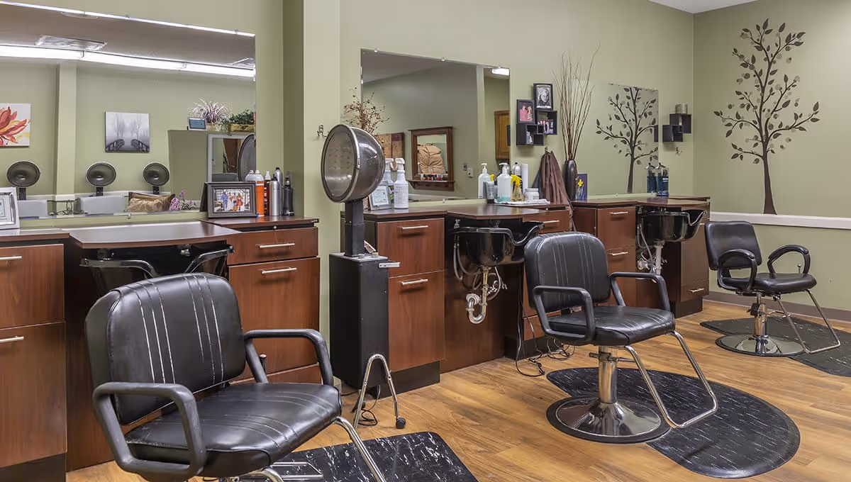 Interior view of a hair salon area with three black salon chairs in front of wooden cabinets and sinks. Large mirrors are mounted on the wall above the cabinets, and the walls are painted light green with tree decals. Various hair care products and a vintage hair dryer are visible.
