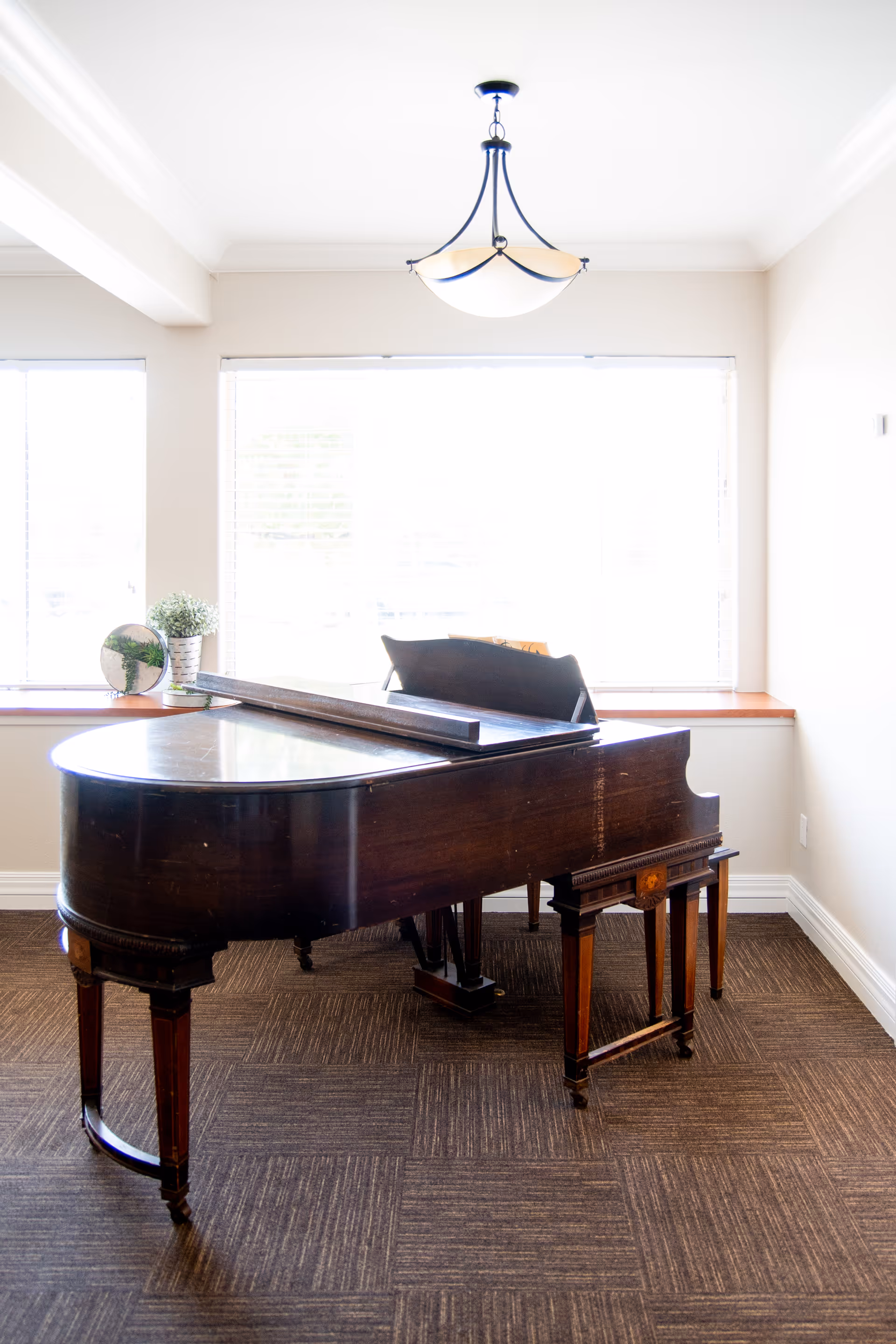 A dark wooden grand piano placed in a bright room with large windows covered by blinds. The room has beige walls, a brown carpeted floor, and a modern ceiling light fixture. A small plant and decorative globe sit on the window ledge behind the piano.