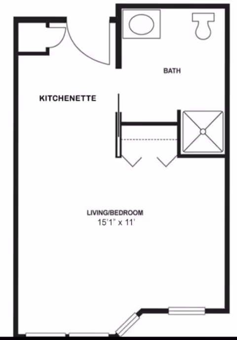 Floor plan of a studio apartment at HarborChase of Branford showing a kitchenette, a combined living and bedroom area measuring 15 feet 1 inch by 11 feet, and a bathroom with a sink, toilet, and shower.