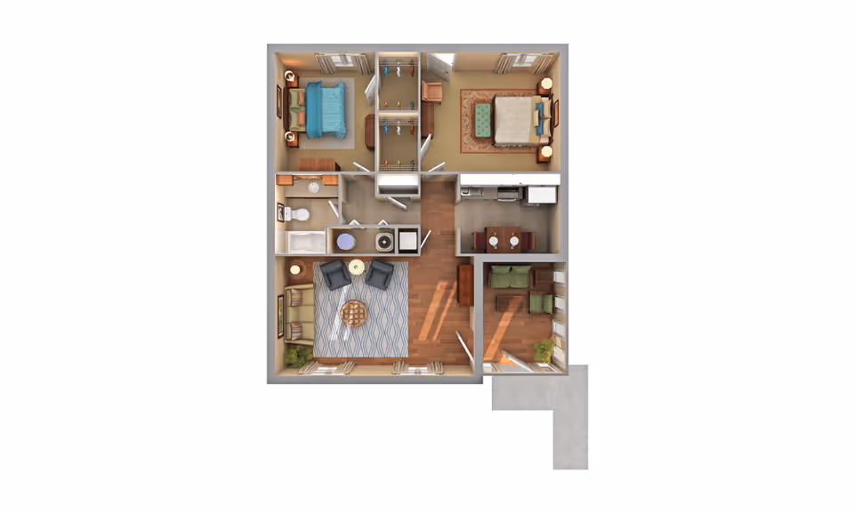 3D floor plan of a two-bedroom apartment featuring a living room with chairs and a coffee table, a kitchen with dining table and chairs, a bathroom with a bathtub, and two bedrooms with beds and furniture.