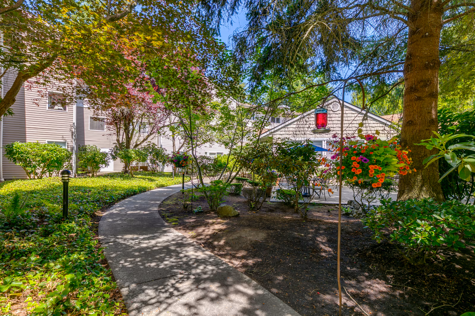 A winding concrete pathway through a lush garden area with various green shrubs, trees, and colorful hanging flower baskets. In the background, there is a light-colored building and a small patio area with outdoor seating under a clear blue sky.
