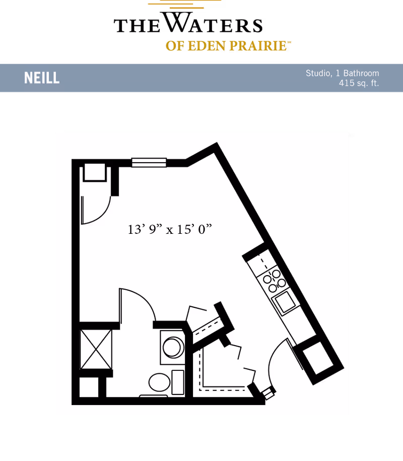Floor plan layout of a studio apartment named Neill at The Waters of Eden Prairie, showing a main living area measuring 13 feet 9 inches by 15 feet, a bathroom with a toilet and shower, and a kitchen area with a stove and sink.