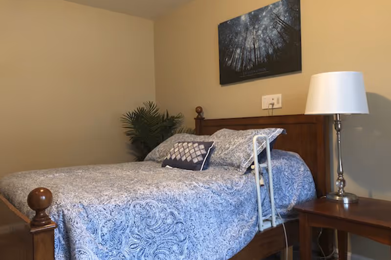 A bedroom with a wooden bed frame, a blue and white patterned bedspread, and pillows. There is a bedside table with a silver lamp and a potted plant in the corner. A framed picture of a forest with a starry sky hangs on the beige wall above the bed.