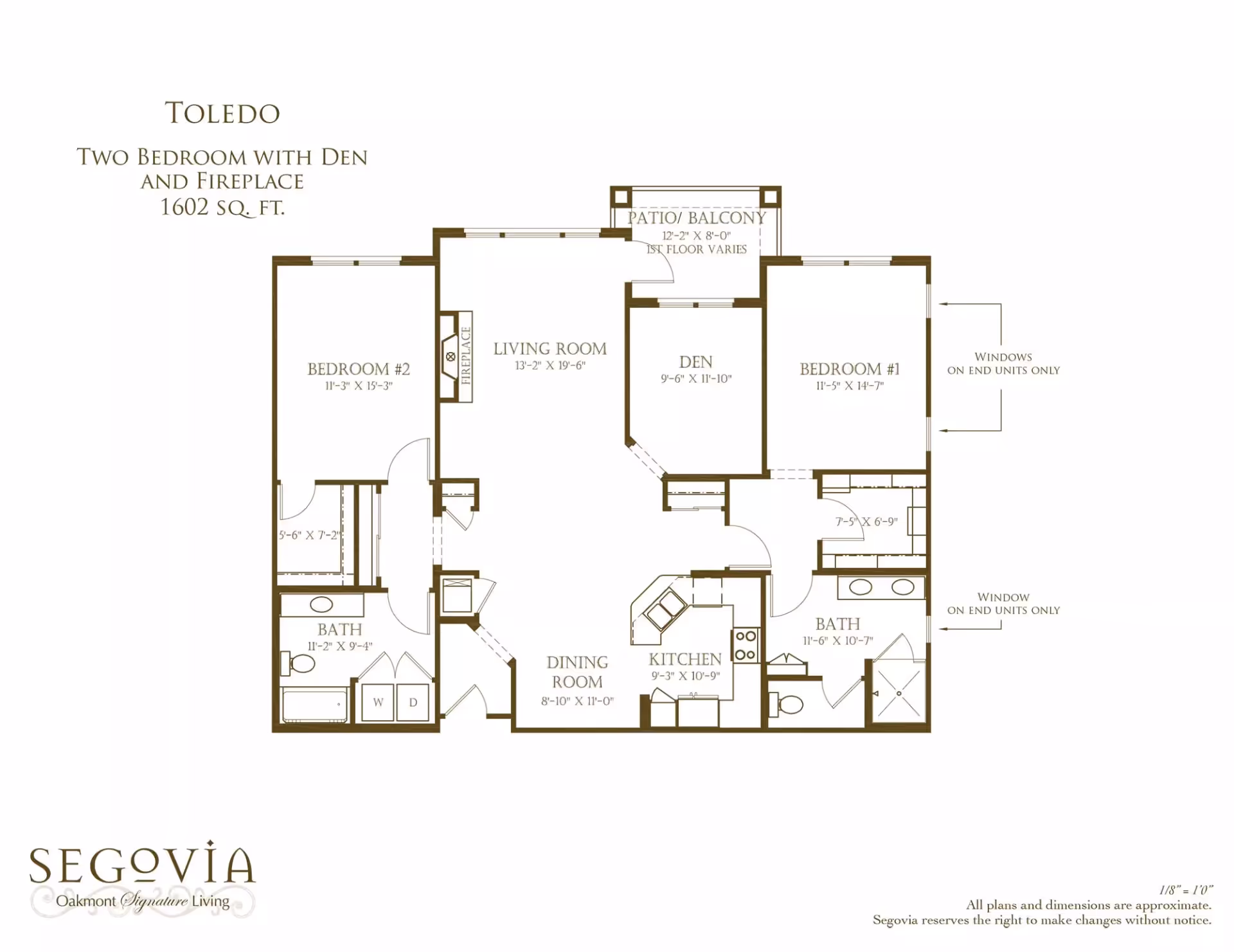 Floor plan labeled 'Toledo' showing a two-bedroom apartment with den, living room, kitchen, dining room, two bathrooms and a patio/balcony.
