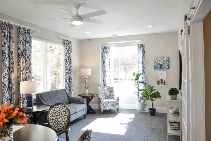 Bright furnished living room with a sofa, patterned armchairs, side tables, plants, and large windows with patterned curtains.