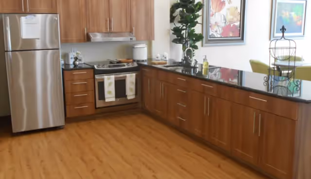 Modern kitchen with stainless steel refrigerator and oven, wooden cabinets, black granite countertop, and hardwood floor.