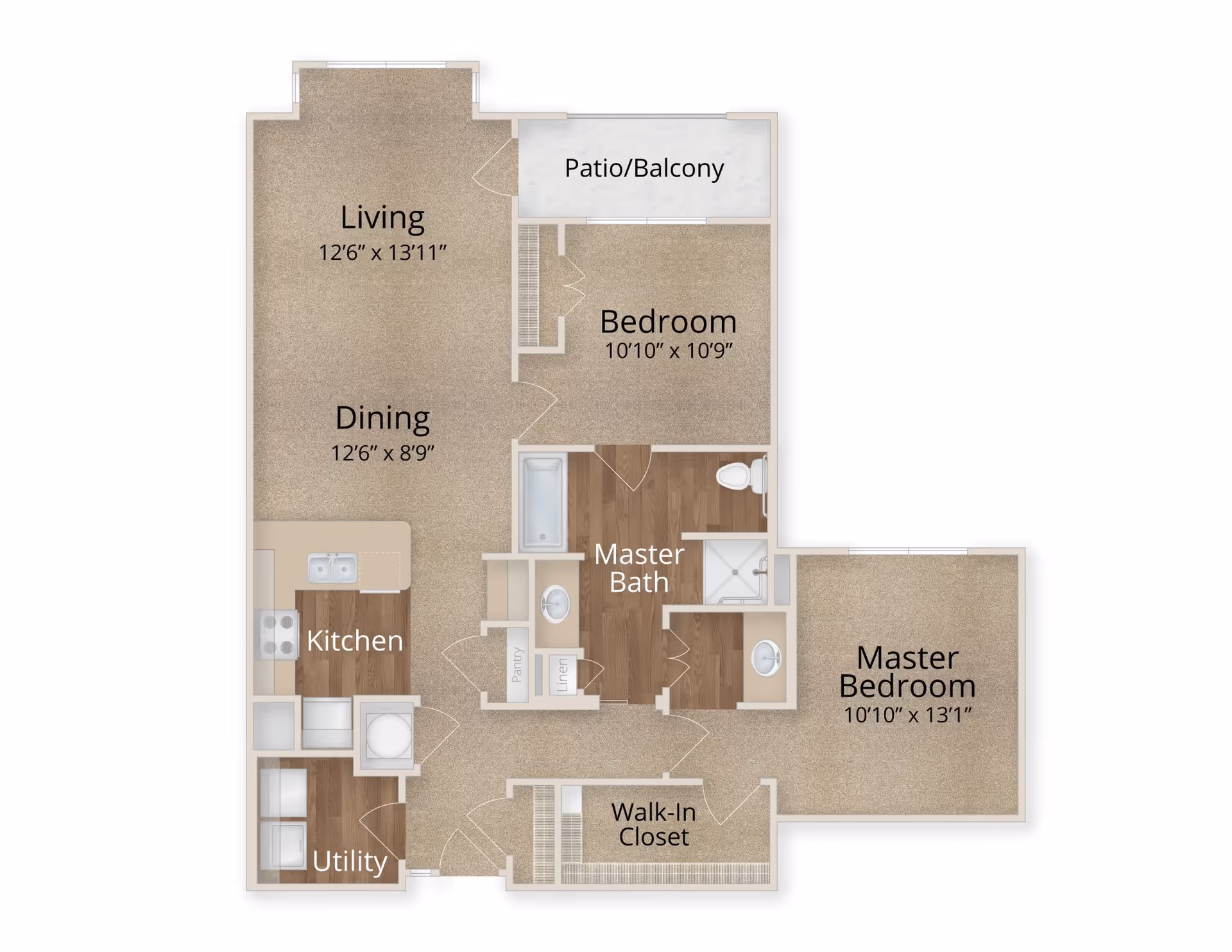 Floor plan of a senior living apartment at Arabella of Longview Senior Living showing a living room, dining area, kitchen, utility room, bedroom, master bedroom with walk-in closet, master bath, pantry, linen closet, and a patio/balcony.