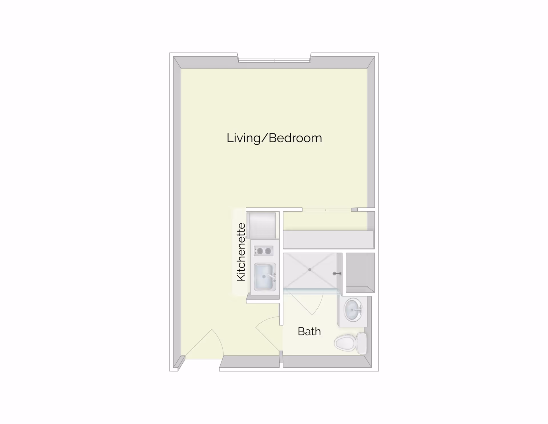 Floor plan of a studio apartment labeled Living/Bedroom with a kitchenette and a bath.