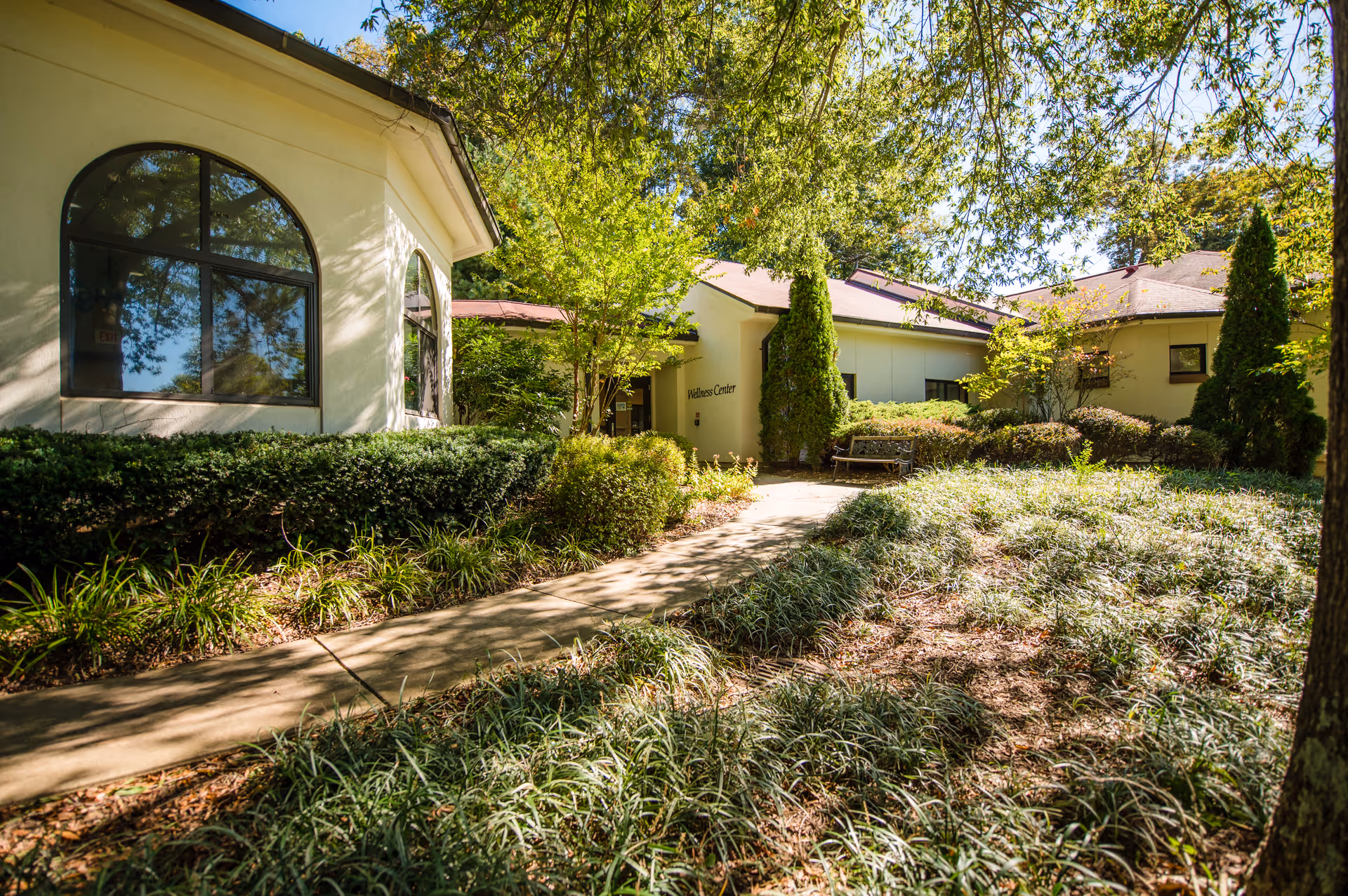 Outdoor view of a pathway leading to a building entrance labeled Wellness Center, surrounded by green bushes, trees, and landscaped plants under a sunny sky.