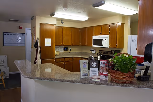 Interior view of a kitchen area in a senior living facility with wooden cabinets, a microwave, stove, and refrigerator. A countertop with informational brochures and a potted plant is visible in the foreground. The space is well-lit with ceiling lights.