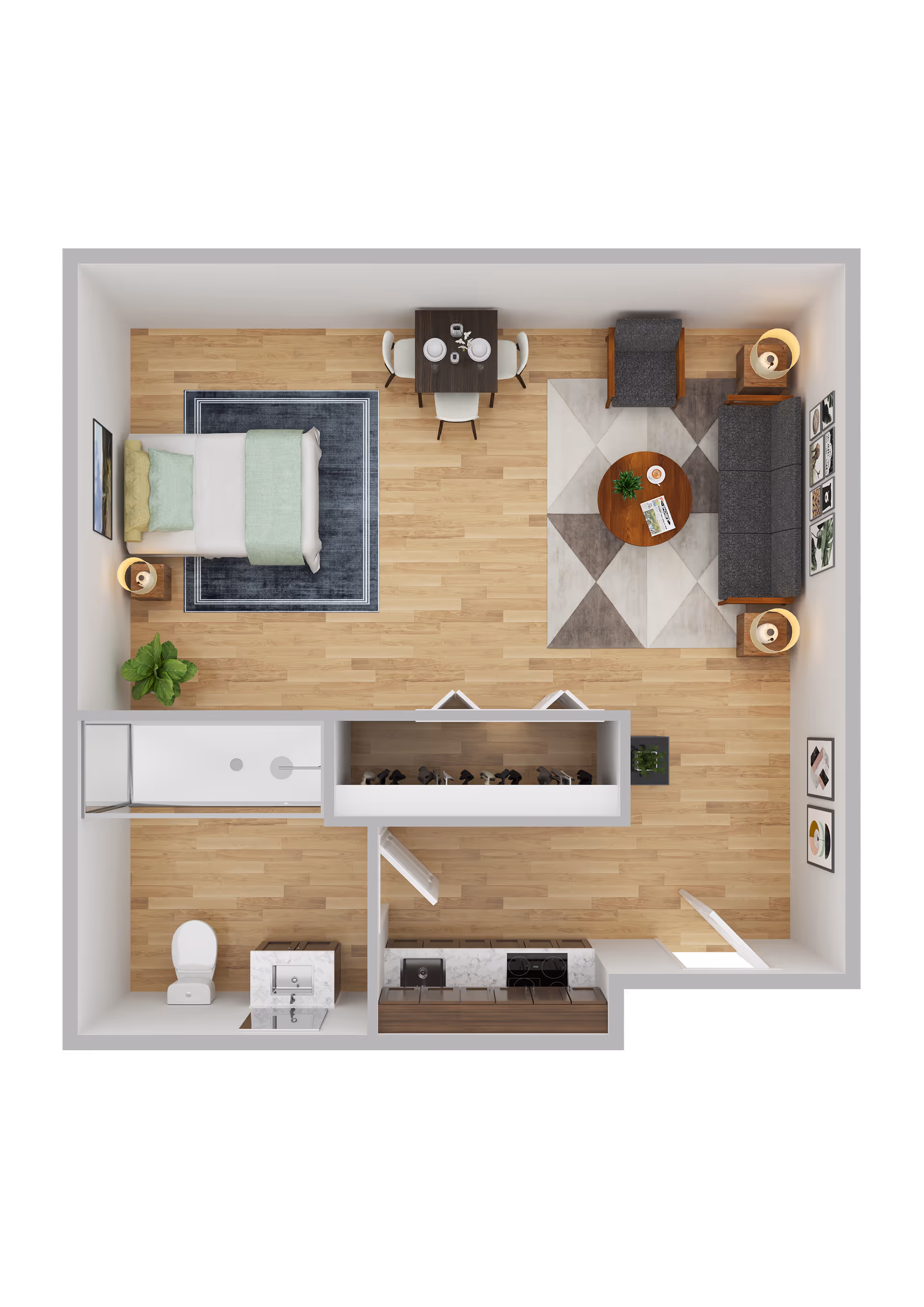 Top-down view of a studio apartment floor plan featuring a bedroom area with a bed and nightstand, a dining area with a table and four chairs, a living area with a sofa, armchair, coffee table, and side tables with lamps, a kitchen with a sink and stove, and a bathroom with a toilet, sink, and shower. The apartment has wooden flooring and various framed pictures on the walls.