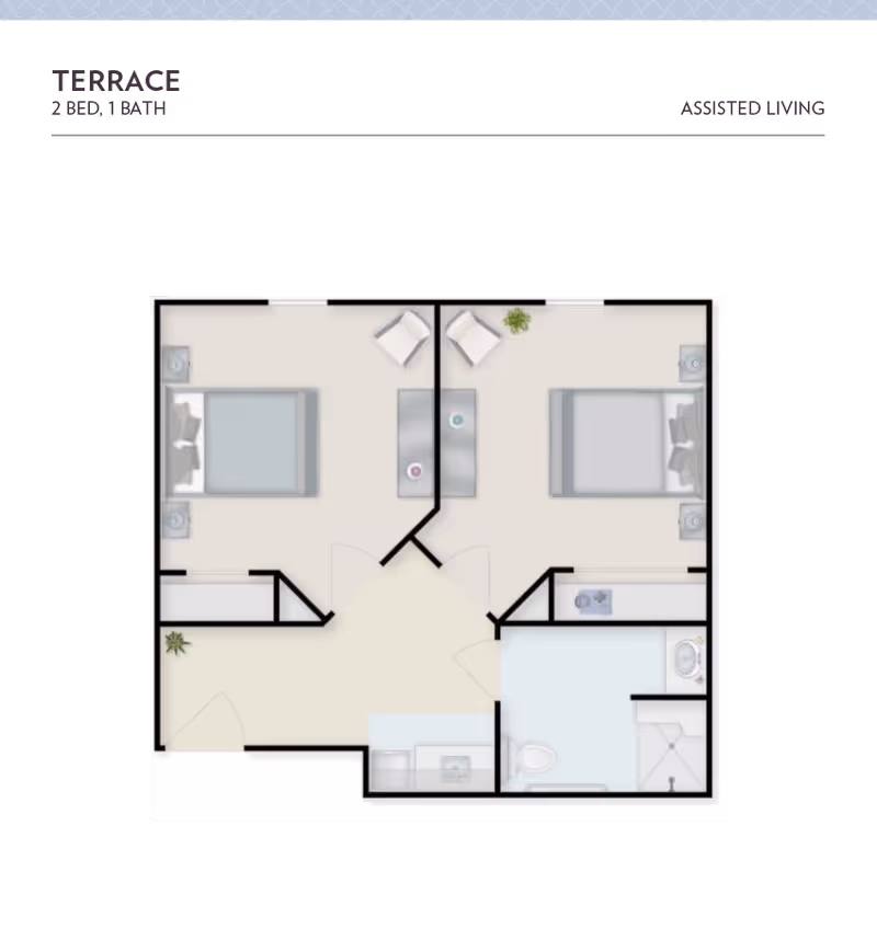 Floor plan of a 2 bedroom, 1 bathroom assisted living unit named Terrace at The Retreat at Cascade, showing two bedrooms, a bathroom, and a common living area.