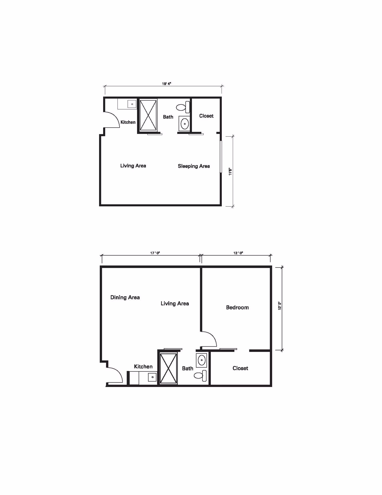Two architectural floor plans showing layouts of living spaces. The first plan includes a kitchen, bath, closet, living area, and sleeping area with dimensions 19'4" by 11'6". The second plan includes a kitchen, bath, closet, dining area, living area, and bedroom with dimensions 17'0" by 12'0" and 12'0" by 12'0".
