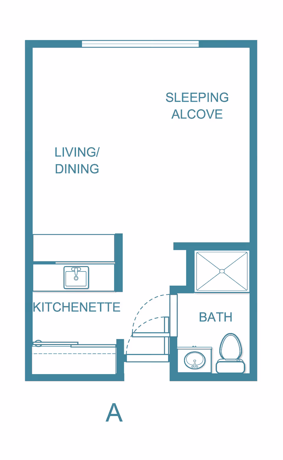 Floor plan layout of a studio apartment with labeled areas including a sleeping alcove, living/dining area, kitchenette, and bathroom with a shower, sink, and toilet.