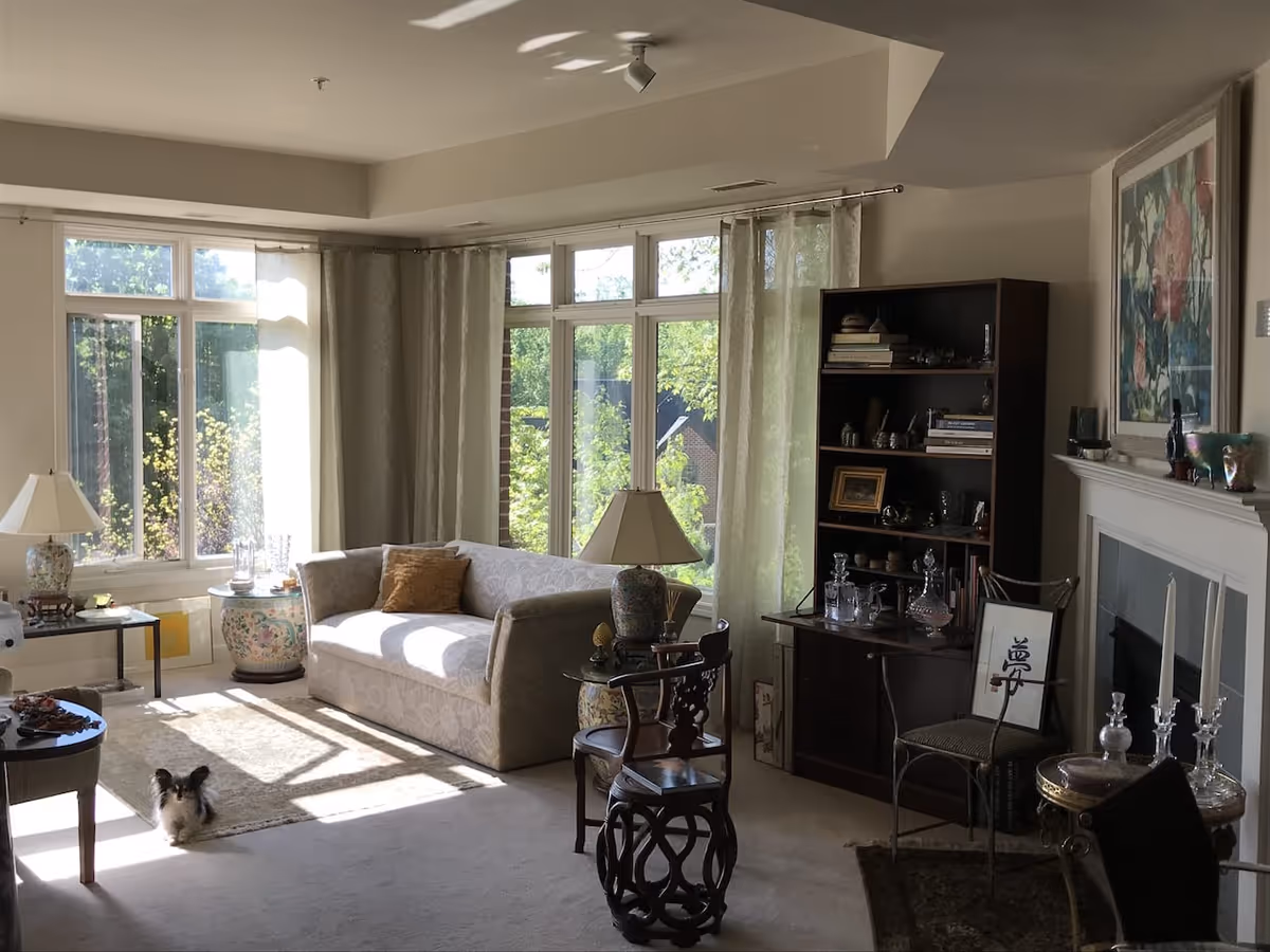 A sunlit living room with large windows covered by light curtains. The room features a beige patterned sofa with a brown cushion, a small dog sitting on a light-colored rug, a wooden bookshelf filled with books and decorative items, a fireplace with candlesticks and decorative pieces on the mantel, and several chairs and side tables with lamps and glassware. There is a large floral painting above the fireplace.