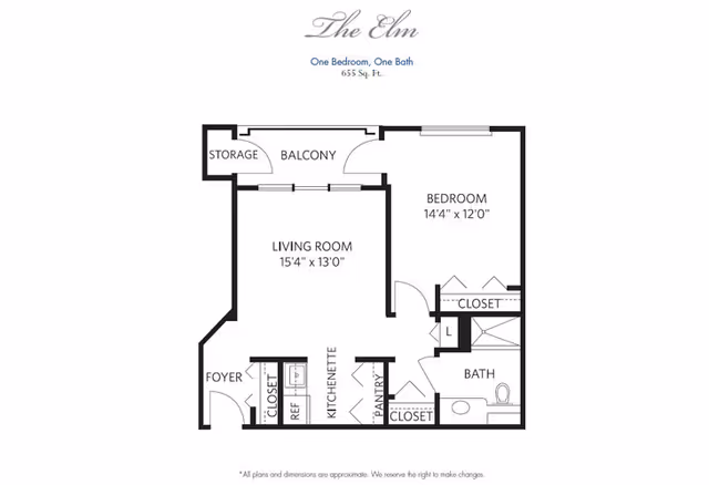 Floor plan titled The Elm showing a one bedroom, one bath apartment with 655 square feet. The layout includes a foyer, closet, kitchenette with refrigerator, pantry, living room measuring 15 feet 4 inches by 13 feet, bedroom measuring 14 feet 4 inches by 12 feet with closet, bathroom, balcony, and storage area.