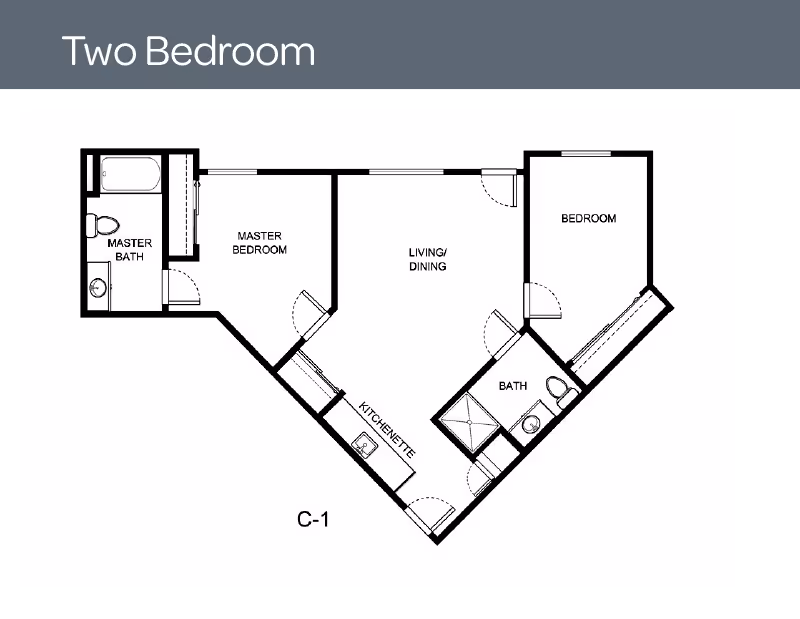 Black-and-white floor plan labeled "Two Bedroom" showing a master bedroom with en-suite bath, a second bedroom, living/dining area, kitchenette, and a second bathroom.