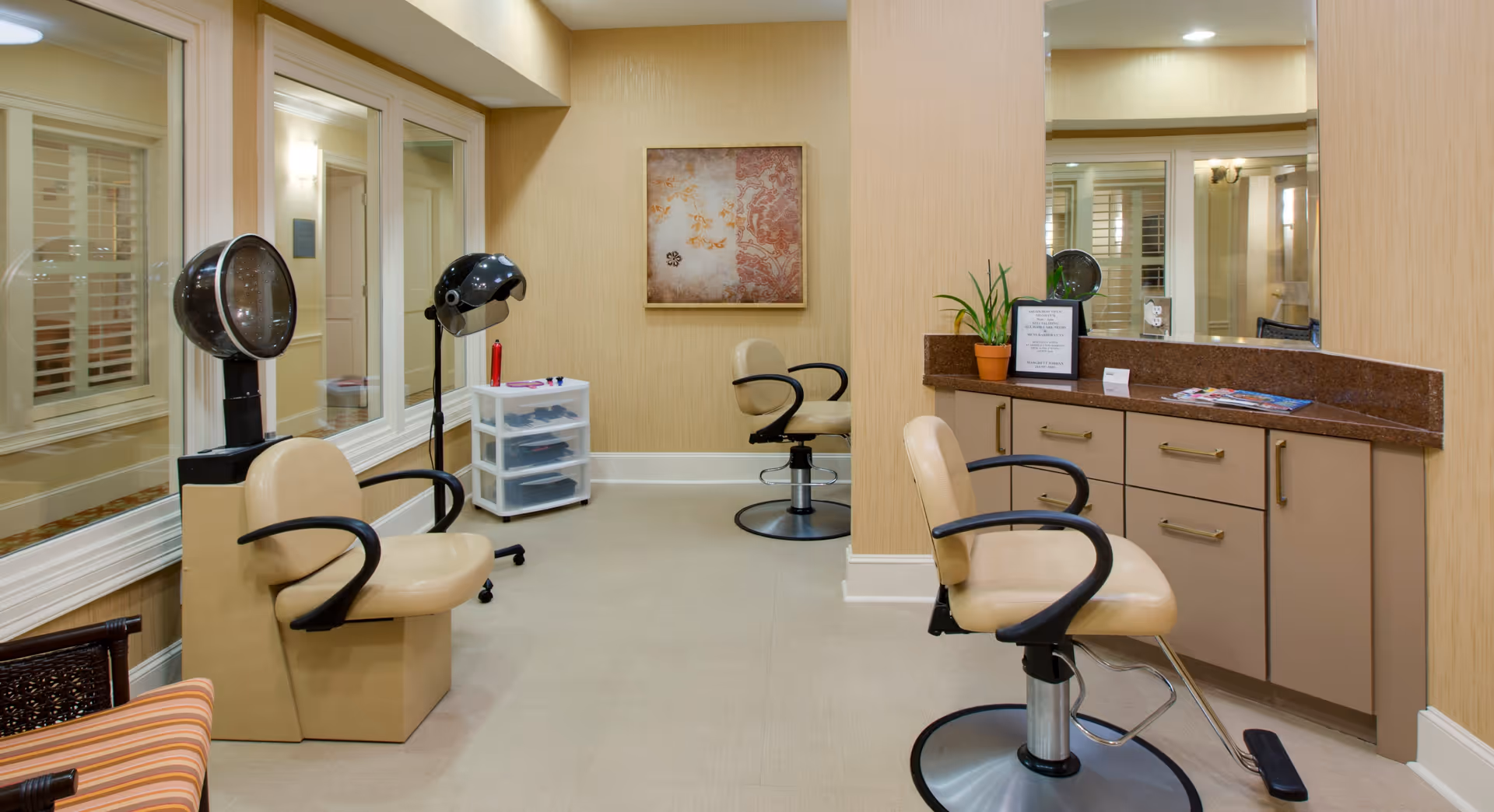Interior view of a senior living facility's hair salon with beige walls and carpet. The room contains three salon chairs, two hair dryers, a countertop with drawers, a potted plant, a framed notice, and a wall mirror. A piece of artwork hangs on the wall in the background.