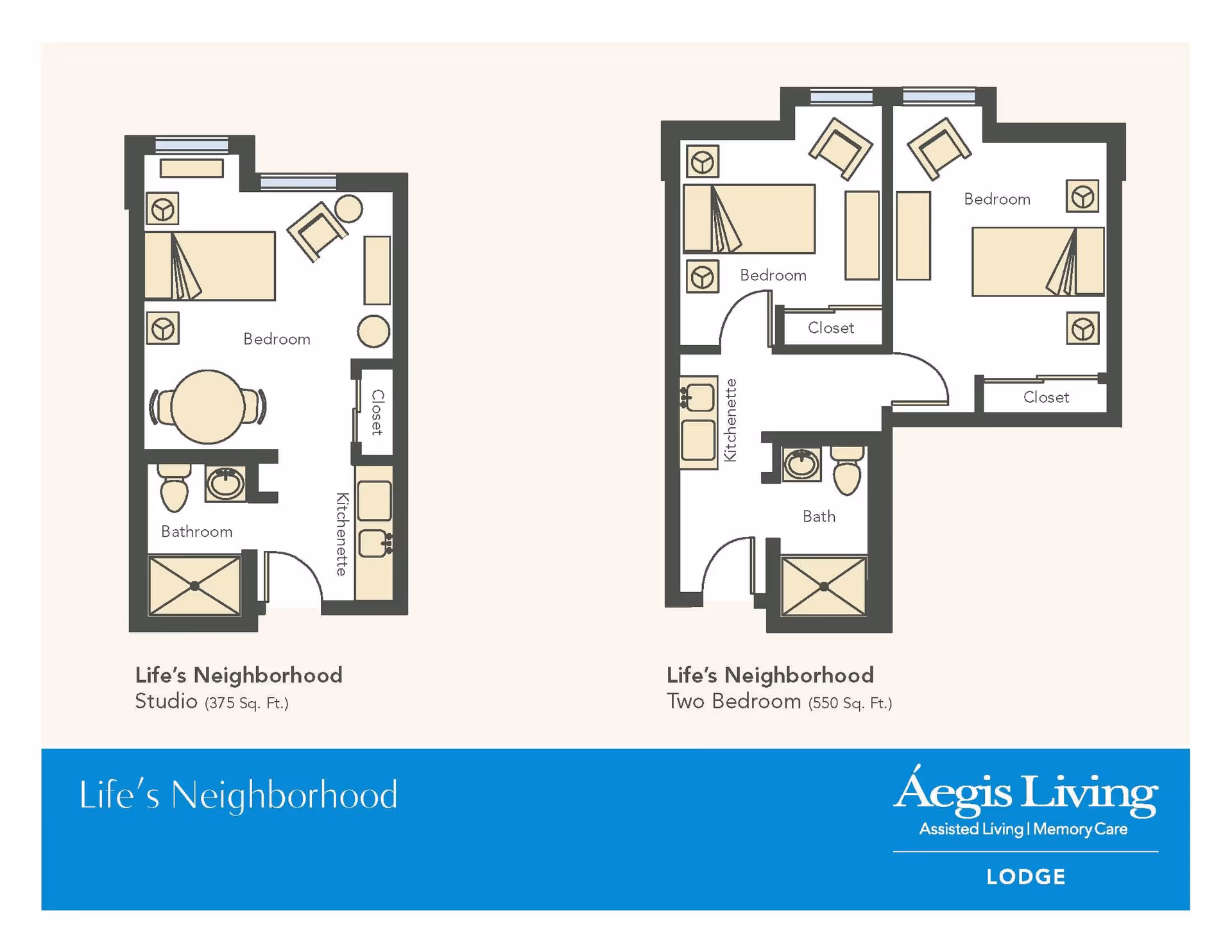 Floor plans for two types of living units at Aegis Lodge. The left plan shows a studio layout with a bedroom, kitchenette, bathroom, and closet, covering 375 square feet. The right plan shows a two-bedroom layout with two bedrooms, a kitchenette, a bathroom, and closets, covering 550 square feet. Both layouts include furniture arrangements.