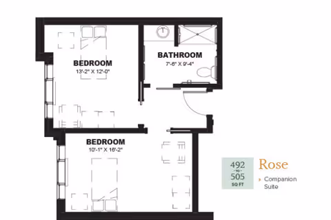 Floor plan layout of the Rose companion suite at Clarendale of Algonquin, showing two bedrooms and one bathroom with dimensions. The suite size is between 492 to 505 square feet.