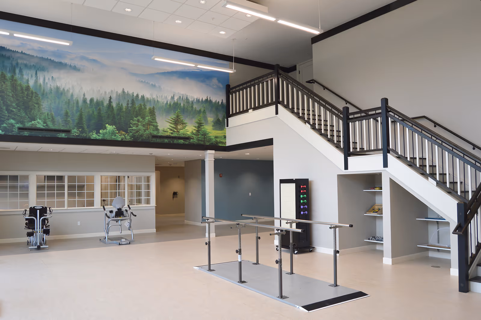 Spacious interior rehab area with parallel walking bars, exercise machines, a staircase, and a large forest mural on the wall.