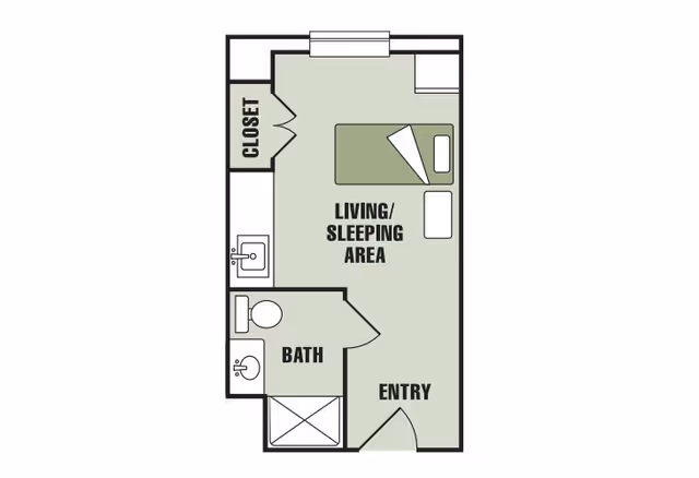Floor plan of a small living space at HeartFields at Cary showing an entry area leading into a combined living and sleeping area with a bed and seating. There is a closet on one side and a bathroom with a sink, toilet, and shower on the other side.